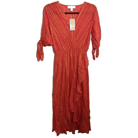Michael Michael Kors Midi Dress Metallic Crepe Ruffle Wrap In Sangria Size XS - Picture 1 of 11